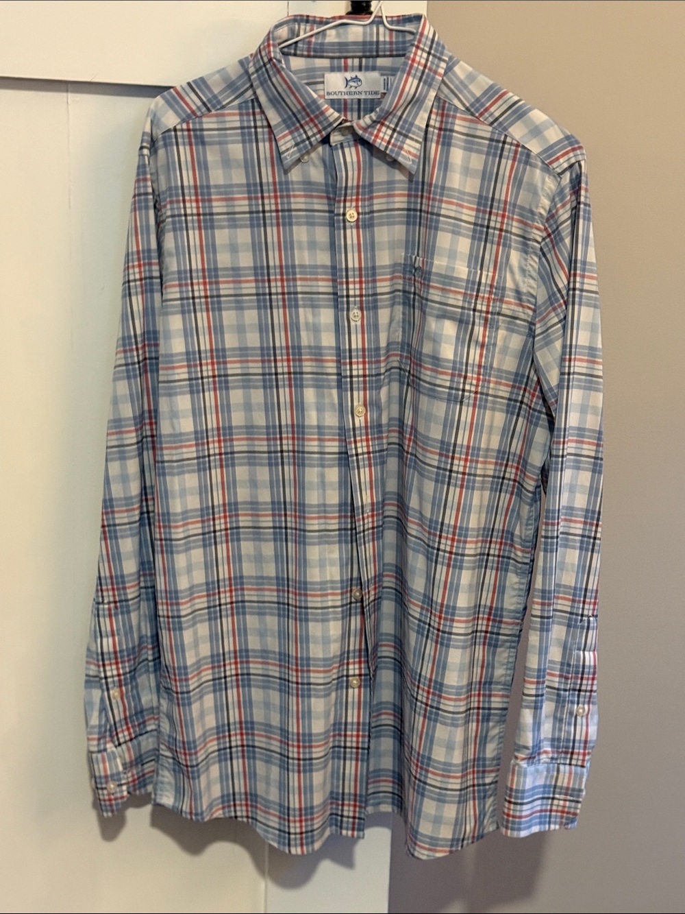 Southern Tide Men's Light Blue, White & Red Plaid Button-Up Shirt 14